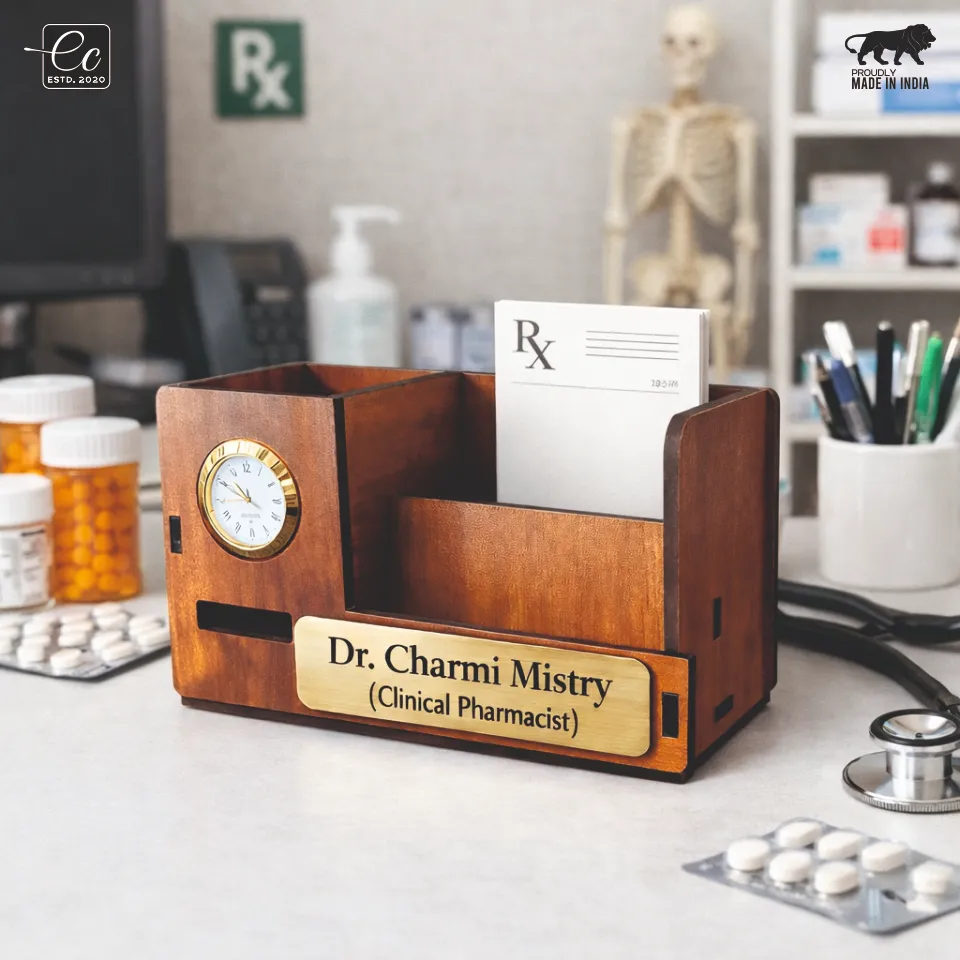 Premium Wooden Desk Organizer with Clock & Nameplate – Elegant Corporate Gifting Essential